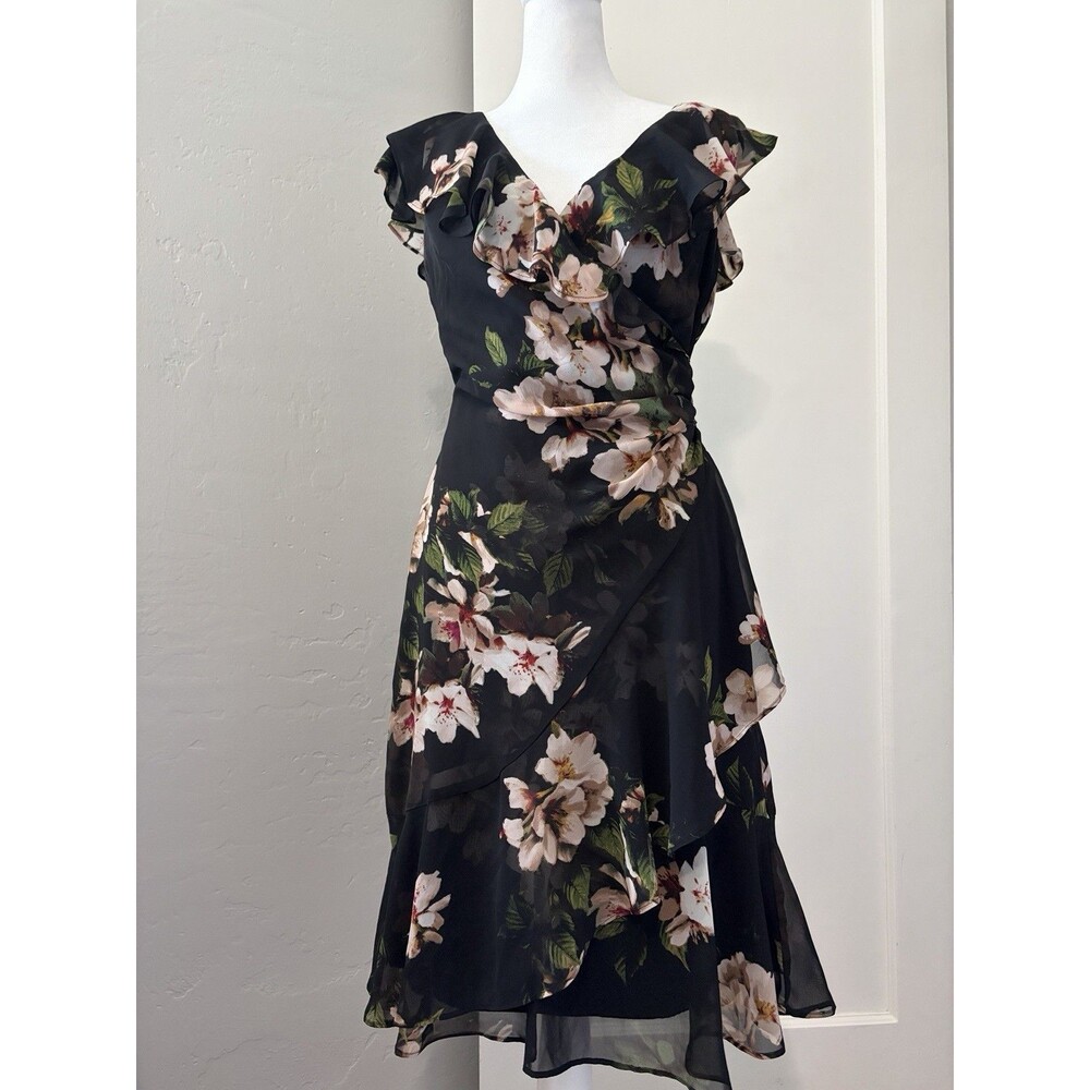 Lauren Ralph Lauren Floral Chiffon Ruffle Faux Wrap Dress Black Size 4 Small